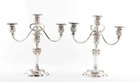 Appraisal: Pair English silverplate three-light candelabra acanthus-laden ornate stem issuing scrolling