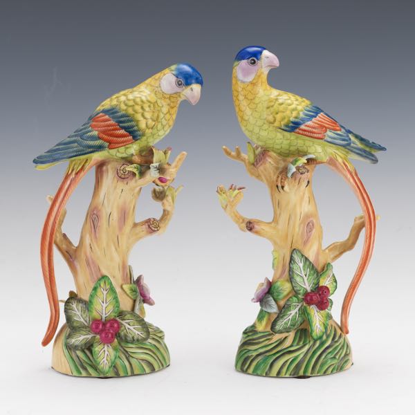 Appraisal: CHELSEA HOUSE PORCELAIN BIRD FIGURINES Two figural porcelain parrots hand