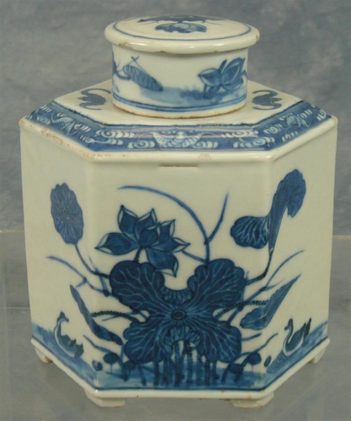 Appraisal: Blue and white Chinese porcelain tea jar marked h Estimate