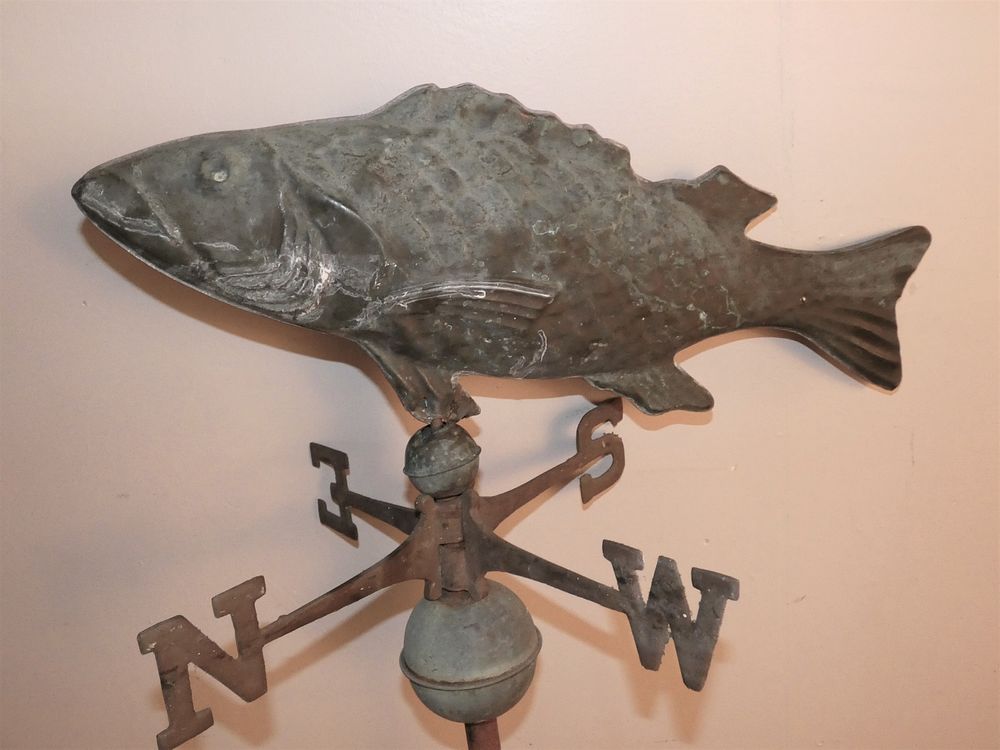 Appraisal: OLD COPPER FISH WEATHERVANE Old copper hollow-bodied fish weathervane on