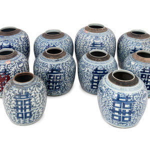 Appraisal: Chinese Blue and White Porcelain 'Double Happiness' Jars th th