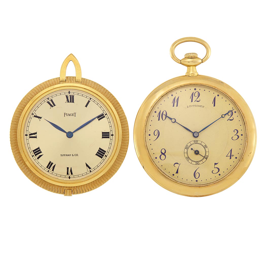 Appraisal: Two Gold Open Face Pocket Watches Longines Piaget Tiffany Co