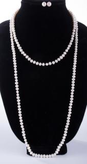 Appraisal: Pearl Necklaces Earrings Trio Two strands of pearls both strands