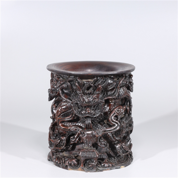 Appraisal: Chinese wooden brush pot with allover intricately carved dragons with