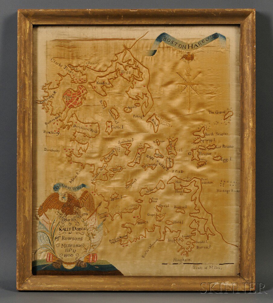 Appraisal: Schoolgirl Silk Needlework Map of Boston Harbor Work'd by Sally