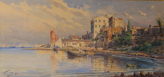 Appraisal: ANGELOS GIALLINA - A quiet continental harbour possibly Corfu signed