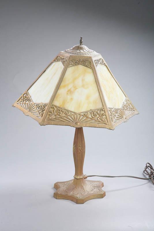 Appraisal: TABLE LAMP Six panel slag glass shade with pierced scroll