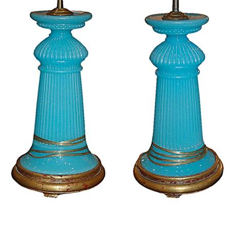 Appraisal: Pair of Blue Opaline Glass Lamps Estimate nbsp nbsp nbsp