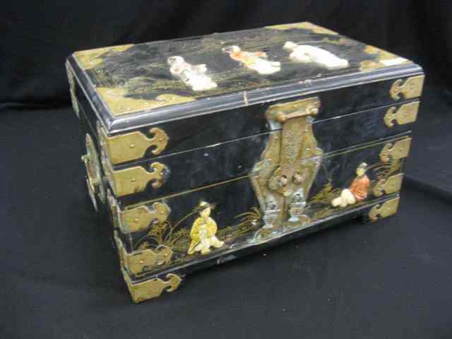 Appraisal: Japanese Jewelry Chest applied hardstonefigures on black lacquerware '' x