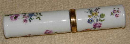 Appraisal: A GOLD MOUNTED CHELSEA PORCELAIN CYLINDRICAL BODKIN HOLDER painted with