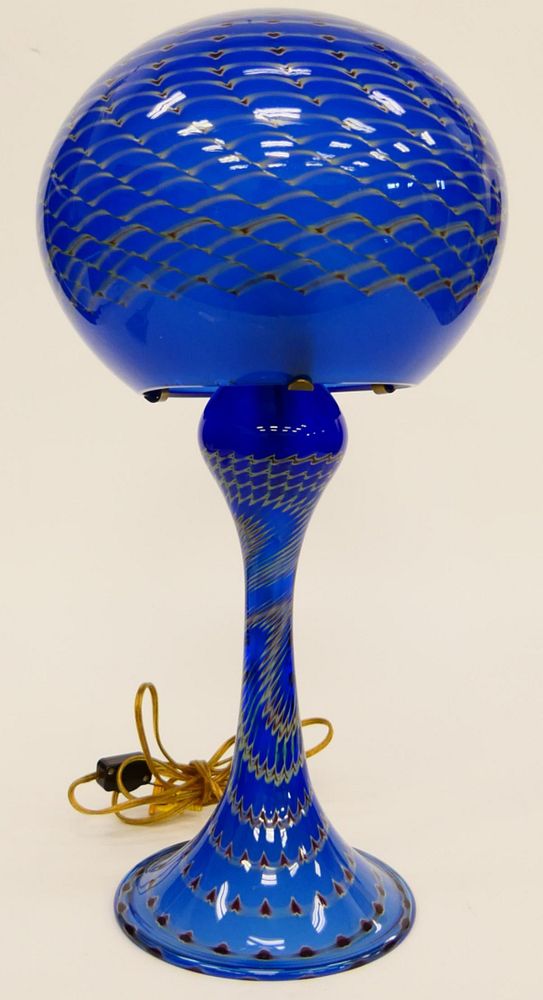 Appraisal: JOSEPH CLEARMAN BLUE ART GLASS LAMP SHADE Signed Joseph Clearman