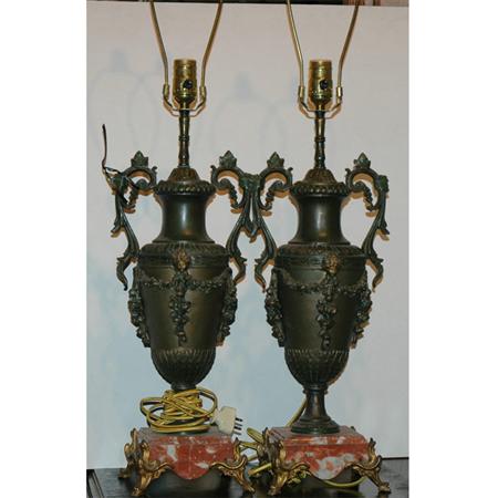 Appraisal: Pair of Neoclassical Style Patinated Metal Urn-Form Lamps Estimate -