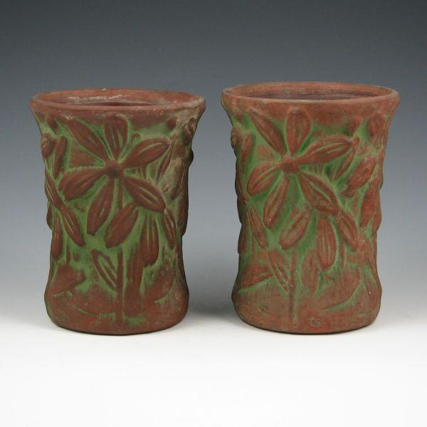 Appraisal: Pair of Peters Reed Moss Aztec floral vases Unmarked Mint