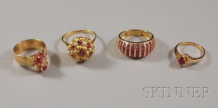 Appraisal: Four Gold and Red Gemstone Rings an kt gold gemstone