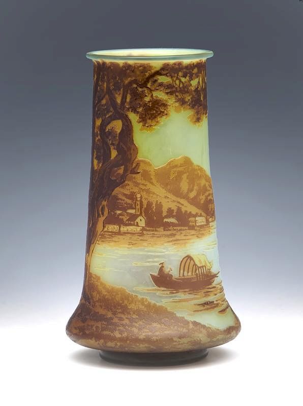 Appraisal: DeVez cameo glass landscape vase signed t DeVez cameo glass