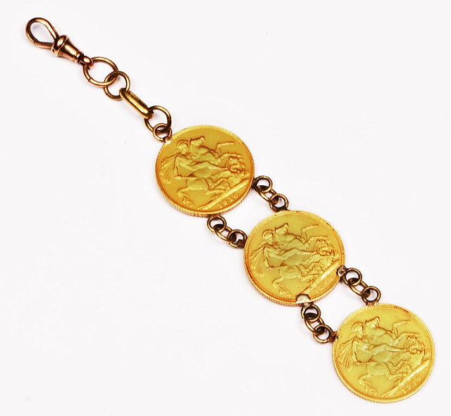 Appraisal: A PART BRACELET of three sovereigns now mounted and dated