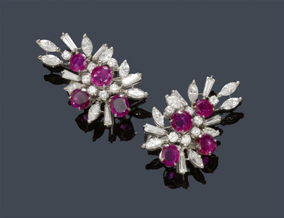 Appraisal: RUBY AND DIAMOND EAR CLIPS White gold Very elegant stylized