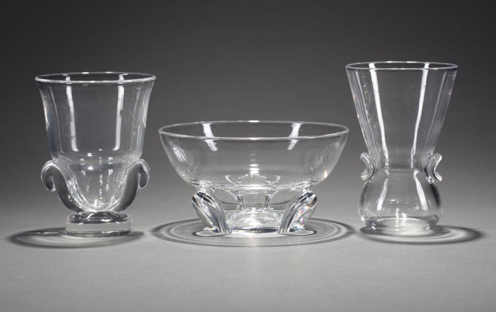 Appraisal: Two Steuben Glass Vases and a Trefoil Bowl tallest h