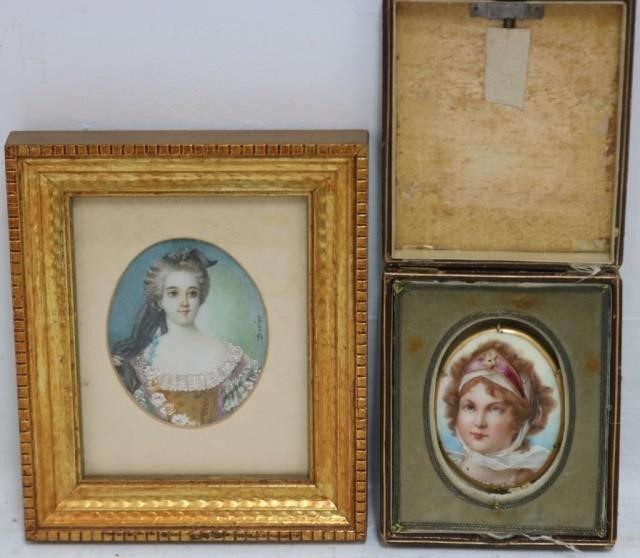 Appraisal: TWO MINIATURE PORTRAIT PAINTINGS DEPICTINGATTRACTIVE YOUNG WOMEN ONE IS AN