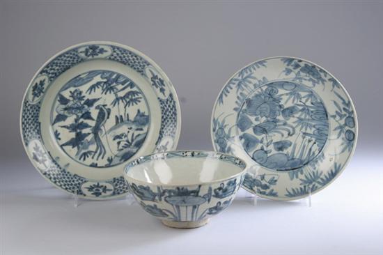 Appraisal: CHINESE SWATOW BLUE AND WHITE PORCELAIN BOWL AND TWO CHARGERS