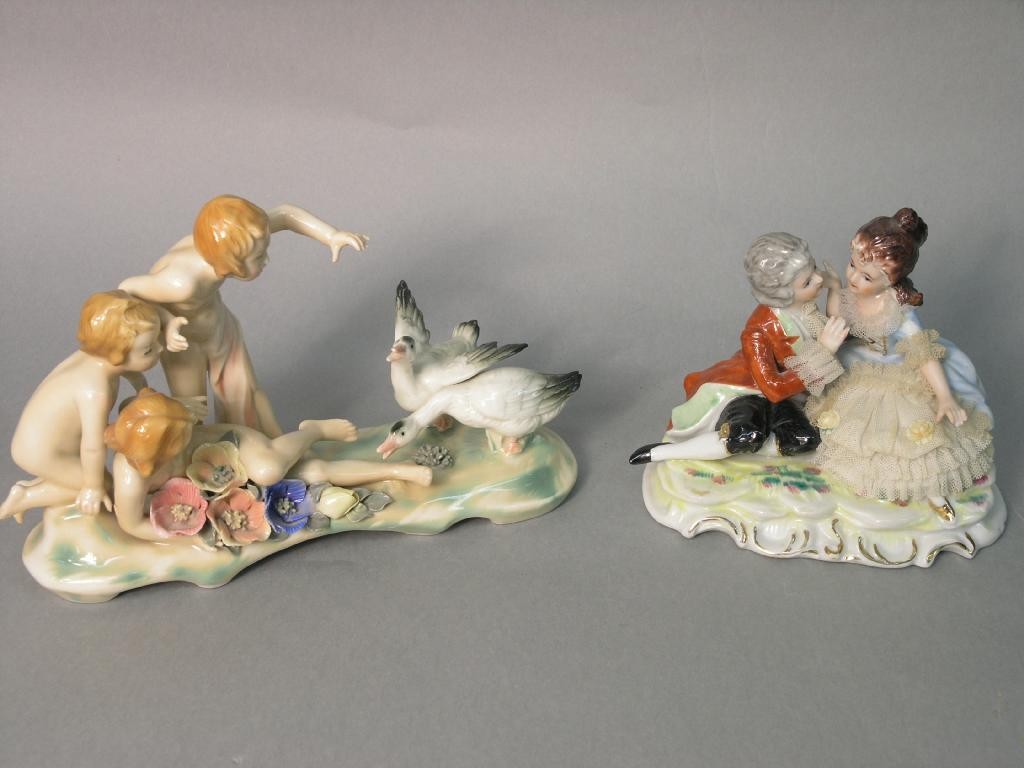 Appraisal: A Karl Ens figure group children playing with geese in