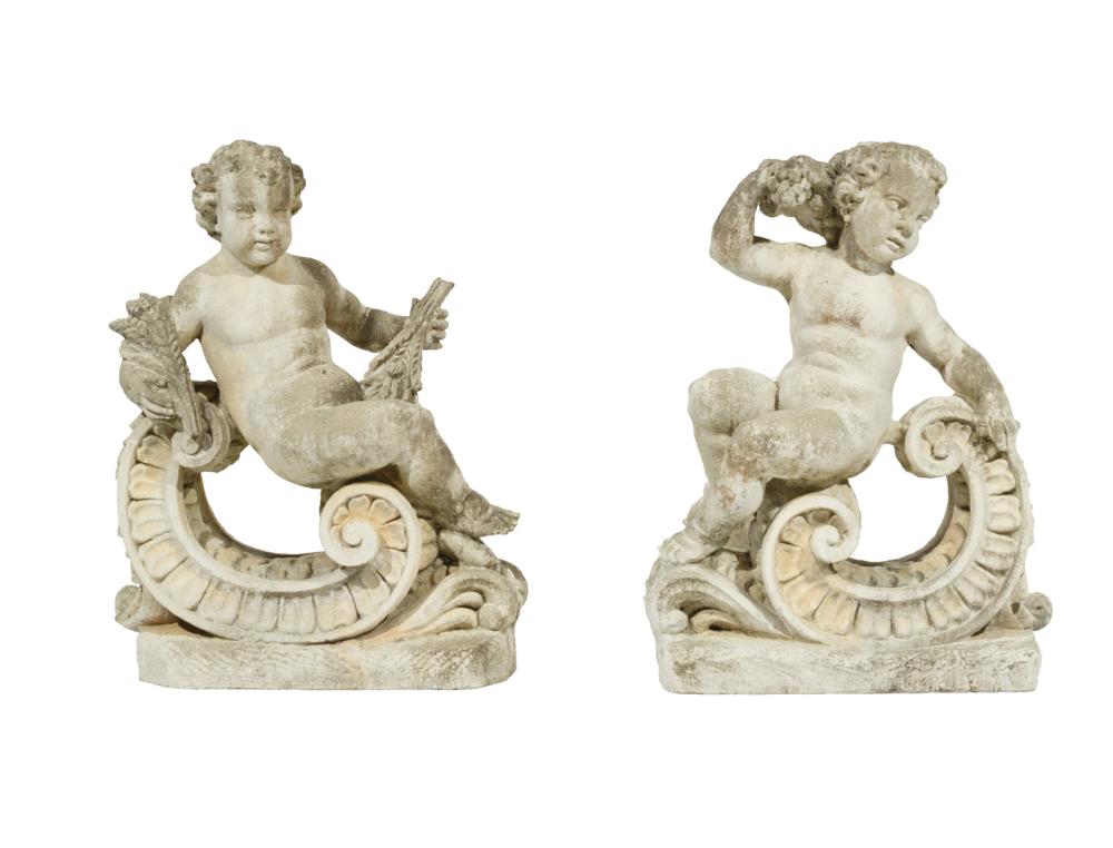 Appraisal: Pair of Cast Stone Putto Garden Figures each on a