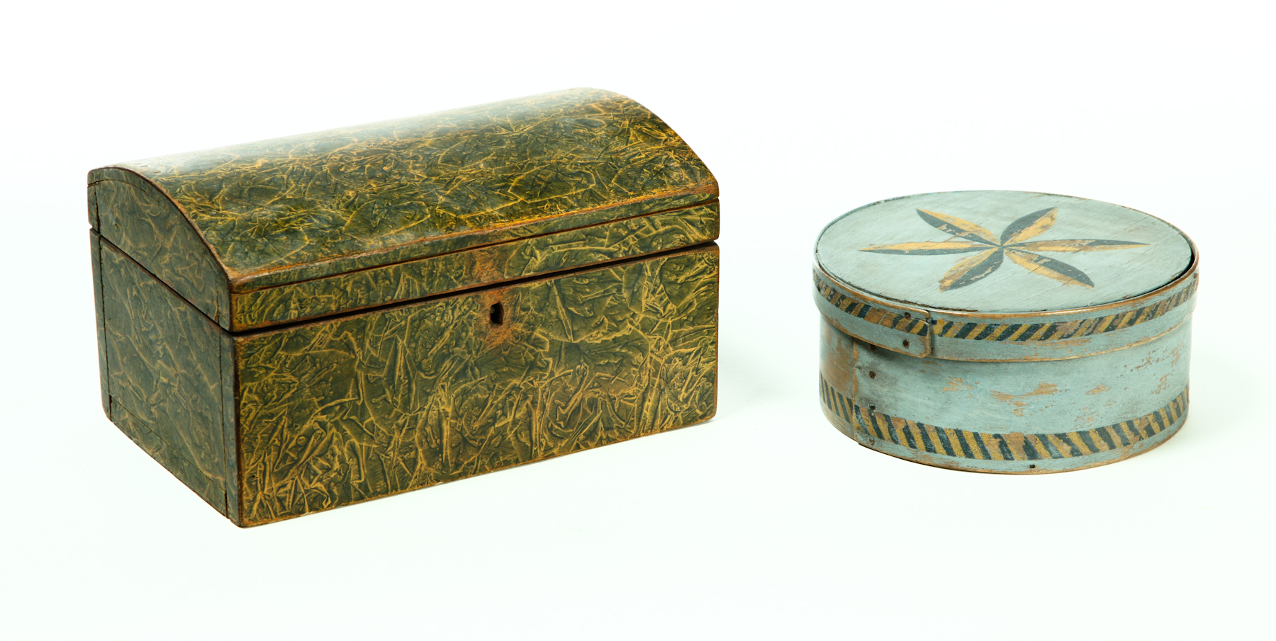 Appraisal: TWO PAINTED BOXES American th- th century Pine dome top