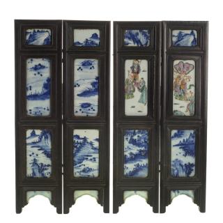 Appraisal: Chinese porcelain hardwood -panel table screen Qing dynasty inset famille