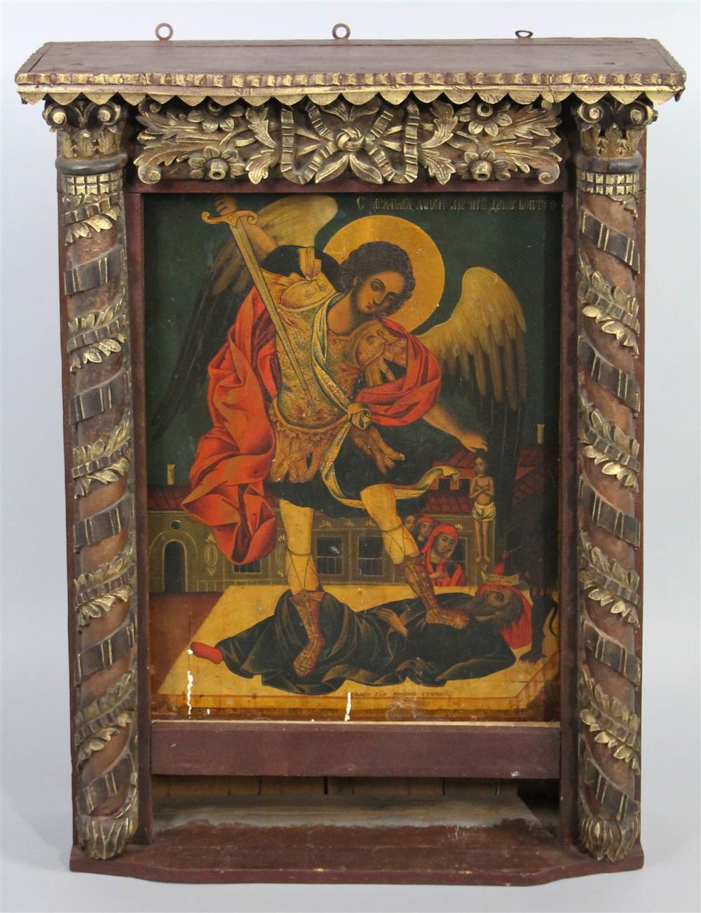 Appraisal: LARGE WALL RELIGIOUS PAINTED ICON OF ARCHANGEL ST MICHAEL gilt