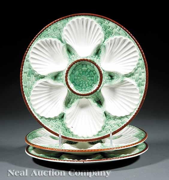 Appraisal: Three Faience Oyster Plates each with six scallop wells green