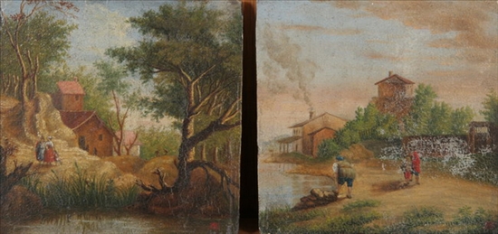 Appraisal: CONTINENTAL SCHOOL th century RIVER LANDSCAPES WITH FIGURES A PAIR