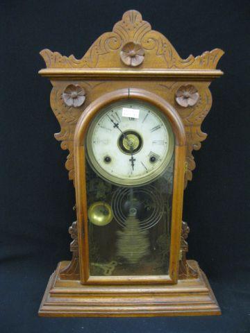 Appraisal: Victorian Carved Wooden Cased Clock fancy gingerbread trim pendulum signed