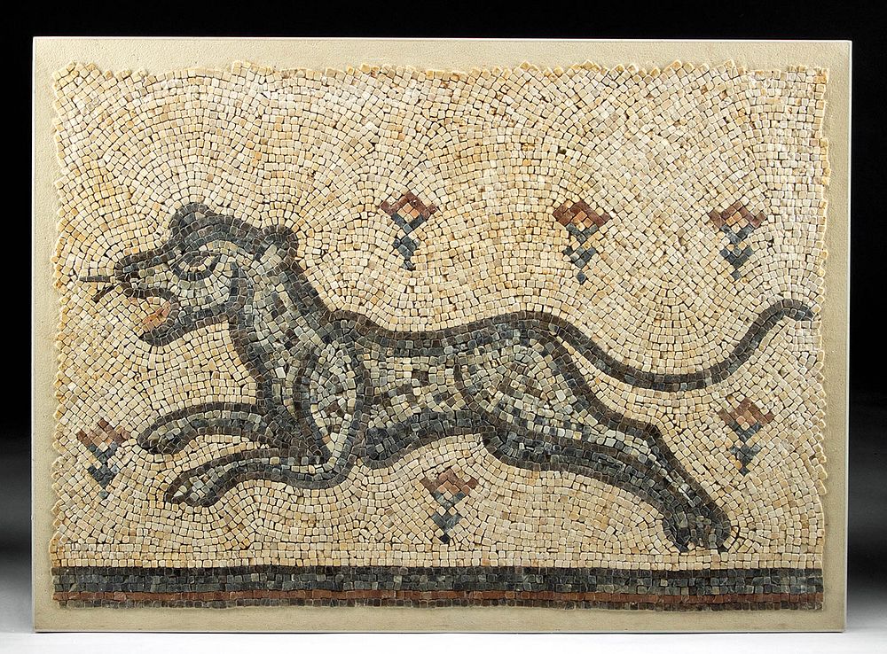 Appraisal: Roman Stone Mosaic - Running Feline Roman the Levant late