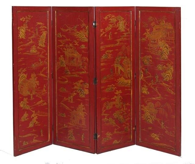 Appraisal: A CHINESE RED LACQUER FOUR FOLD SCREEN with panels of