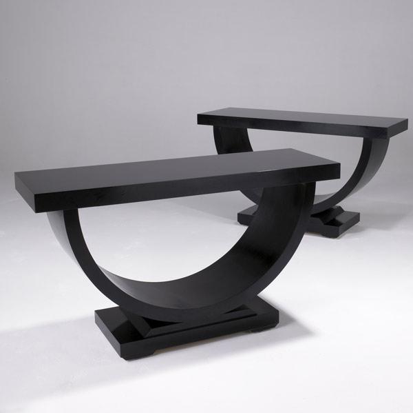 Appraisal: DECORATIVE Pair of Art Deco-inspired console tables with black lacquer