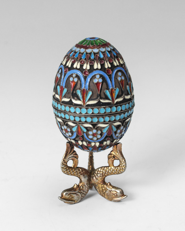 Appraisal: NICHOLAI ZUGERYEV ENAMELED RUSSIAN SILVER EGG Diminutive egg hallmarked with