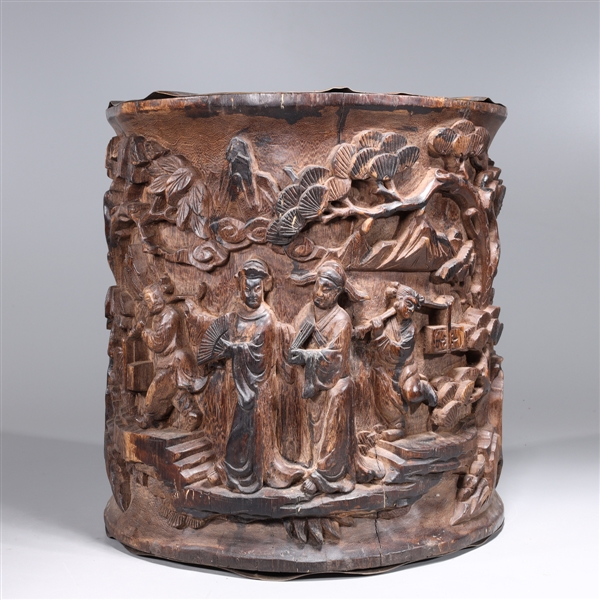 Appraisal: Large and elaborate Chinese wooden brush pot with figures and