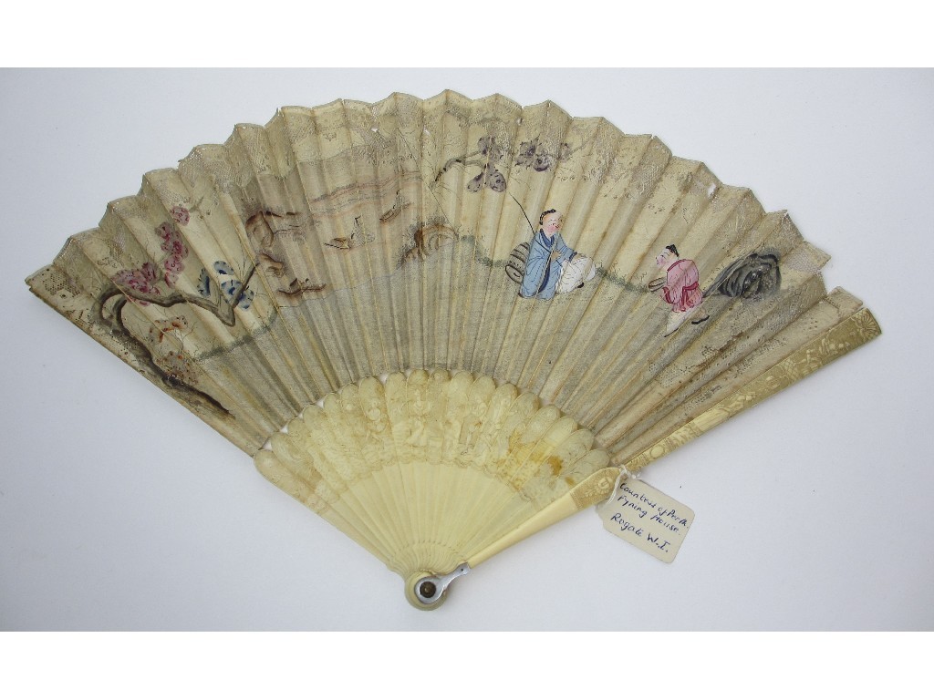 Appraisal: An th Century painted fan decorated with two figures sampans