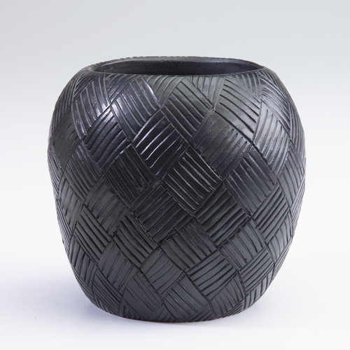 Appraisal: Bigmeat black glazed pot with overall basket weave pattern minor