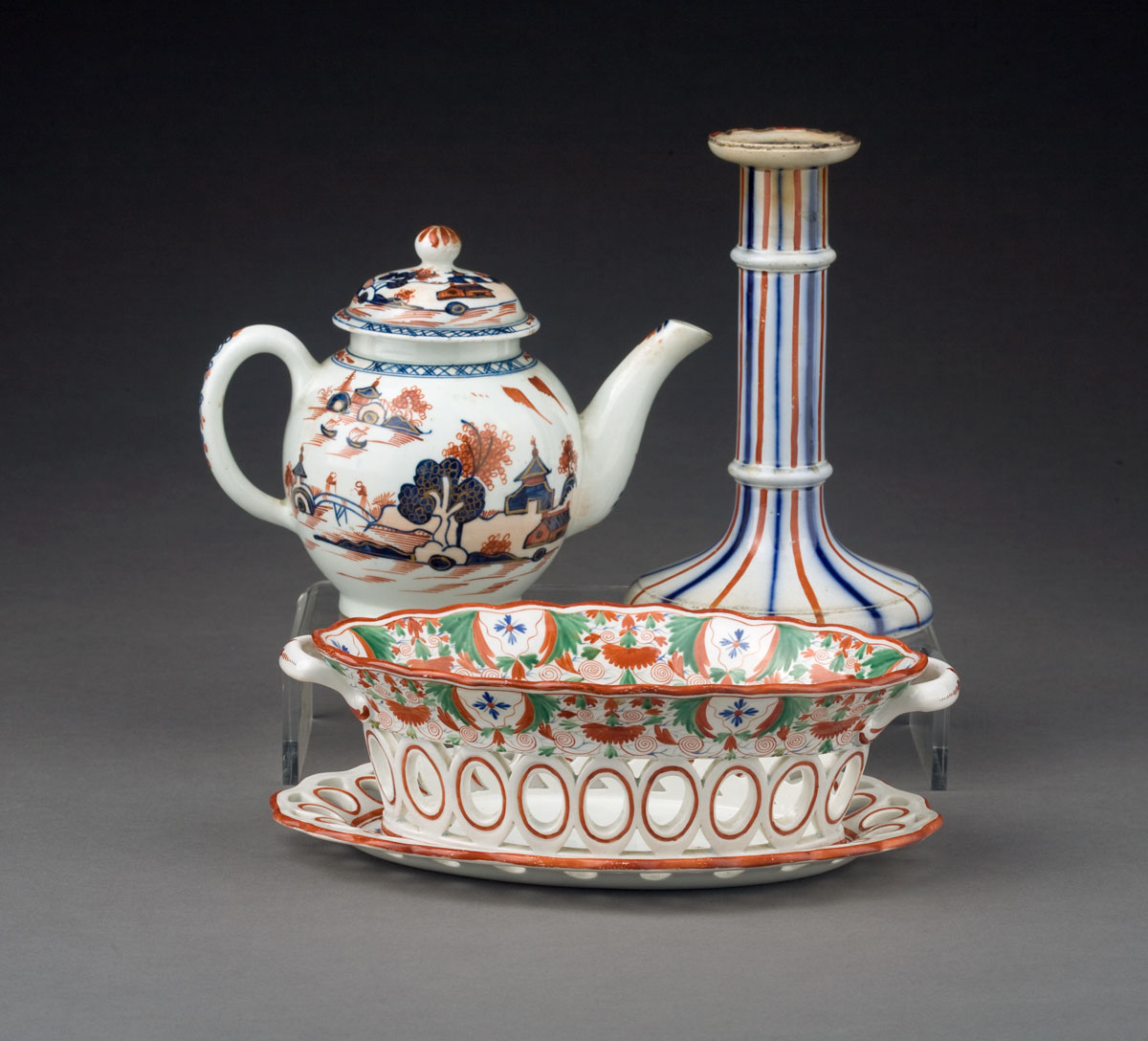 Appraisal: ENGLISH PORCELAIN ENAMEL-DECORATED BASKET AND STAND NINETEENTH CENTURY Of elliptical