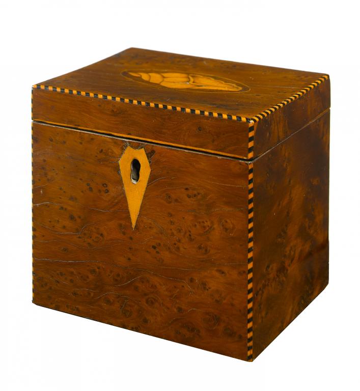 Appraisal: A GEORGE III YEW-WOOD TEA CADDY with barber pole stringing