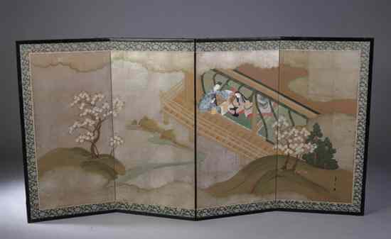 Appraisal: JAPANESE FOUR FOLD SCREEN Meiji period Figural decoration - each