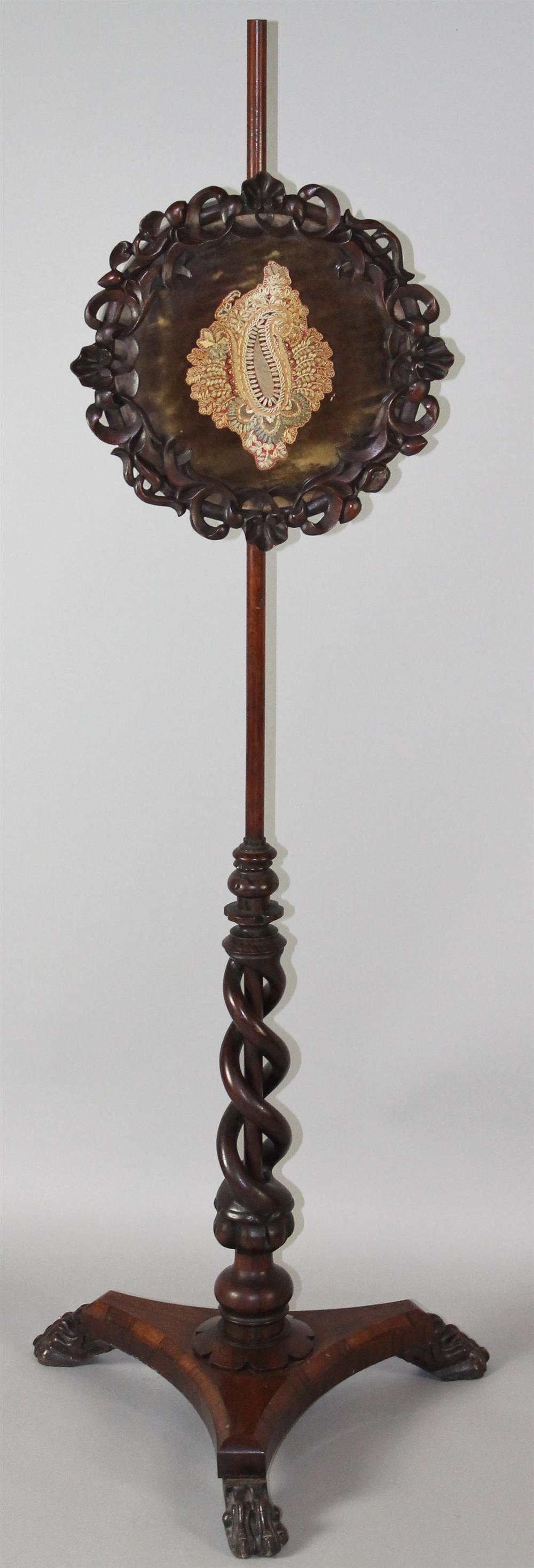 Appraisal: VICTORIAN ROSEWOOD POLE SCREEN CA on tripod base with paw