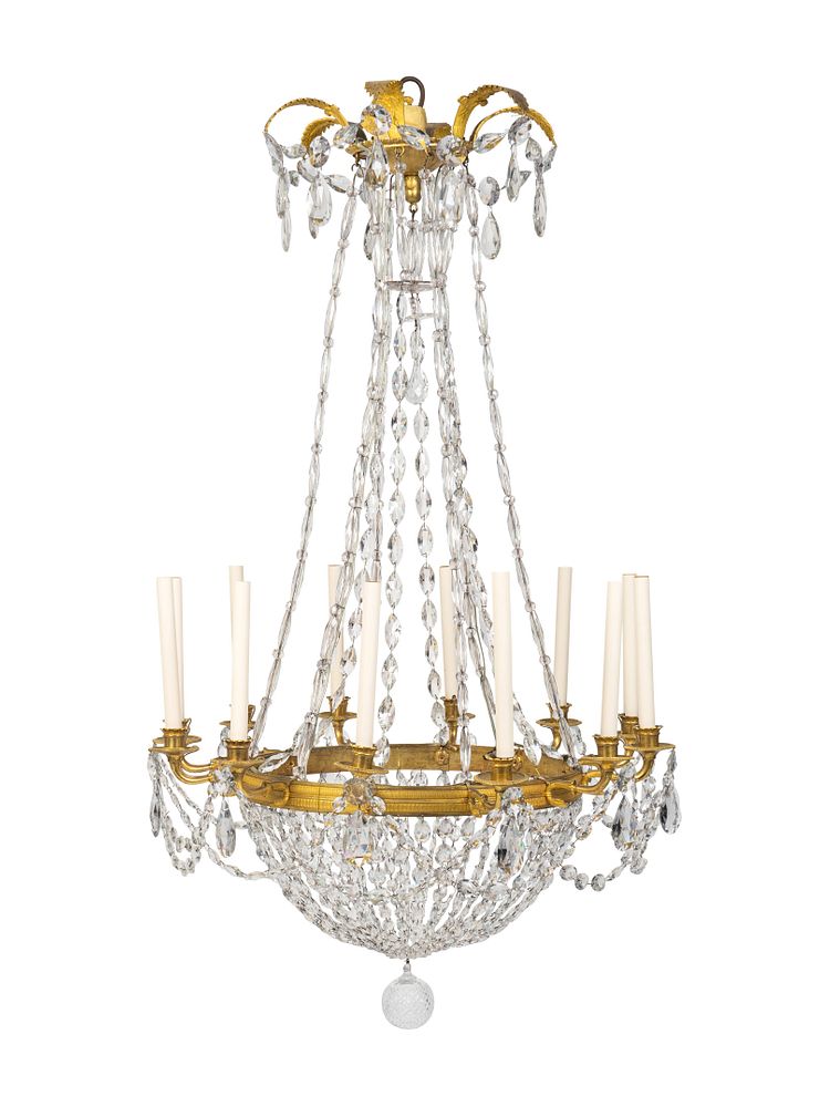 Appraisal: A Neoclassical Gilt-Bronze Tole and Glass Twelve-Light Chandelier Height x