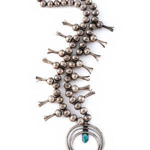 Appraisal: Navajo Silver and Turquoise Squash Blossom Necklace mid- th century