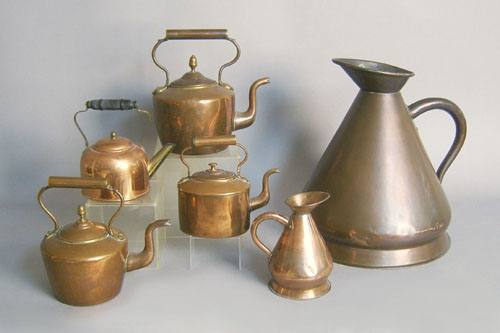 Appraisal: Four copper kettles together with two pitchers tallest is h