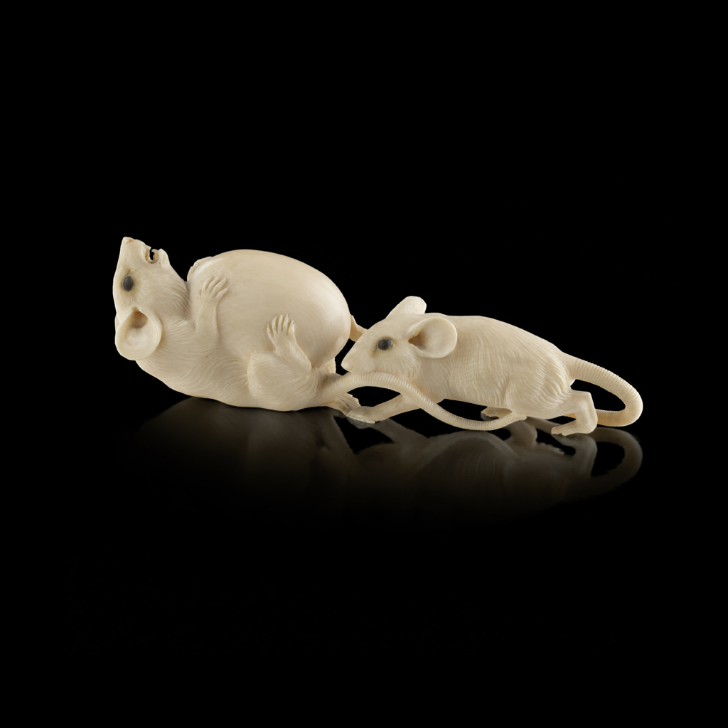 Appraisal: YCARVED IVORY OKIMONO OF TWO RODENTS MEIJI PERIOD the two