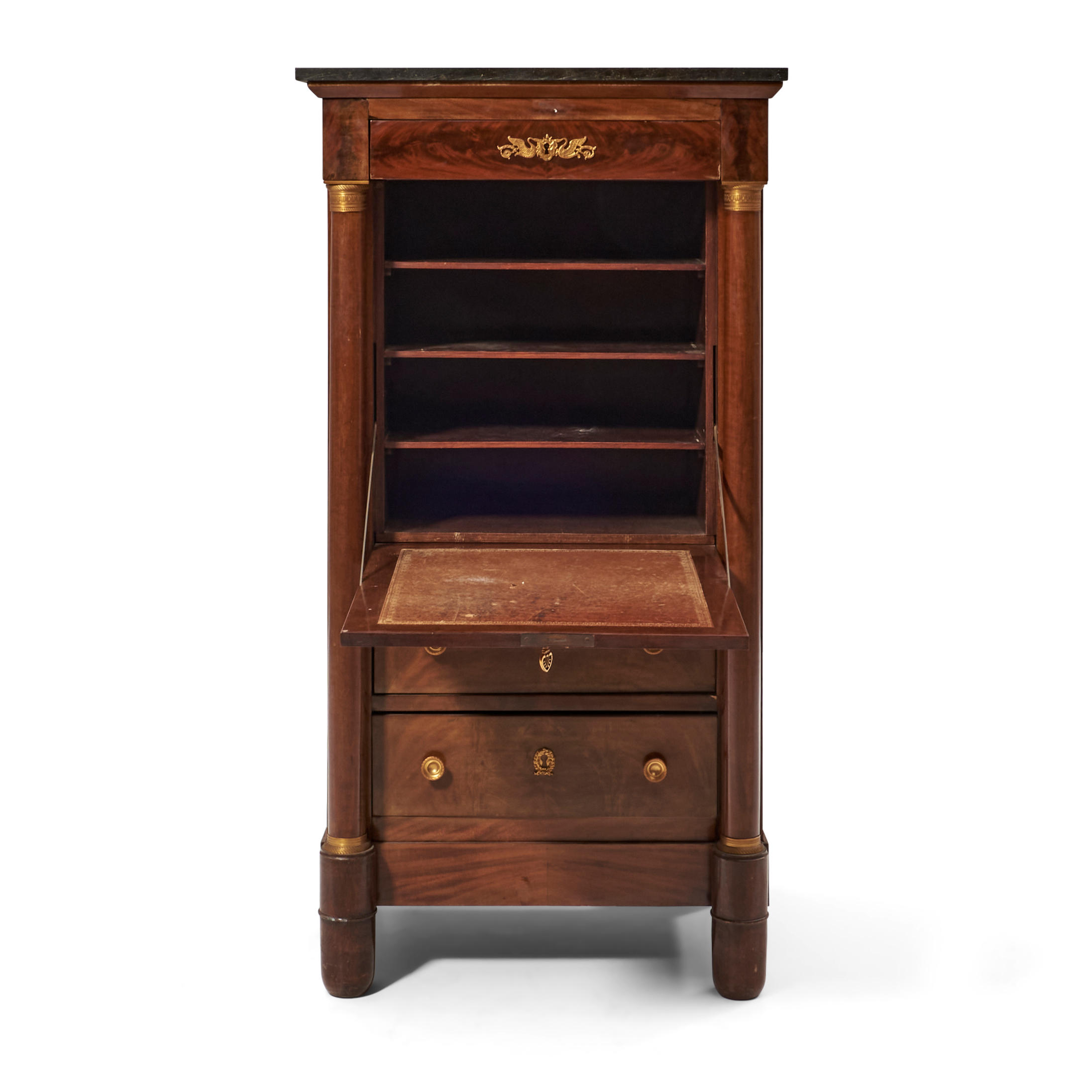 Appraisal: EMPIRE-STYLE MAHOGANY SECRETAIRE A ABATTANT with brass detailing the top