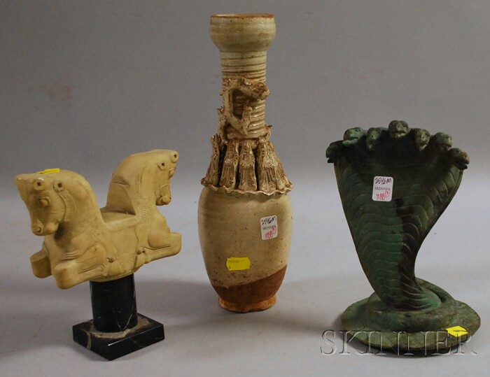 Appraisal: Asian Bronze Seven-headed Cobra a Glazed Pottery Vase and a