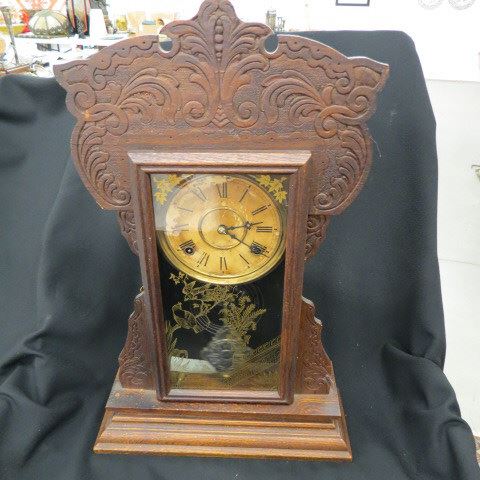 Appraisal: Gilbert Oak Mantle Clock fancy gingerbread case working